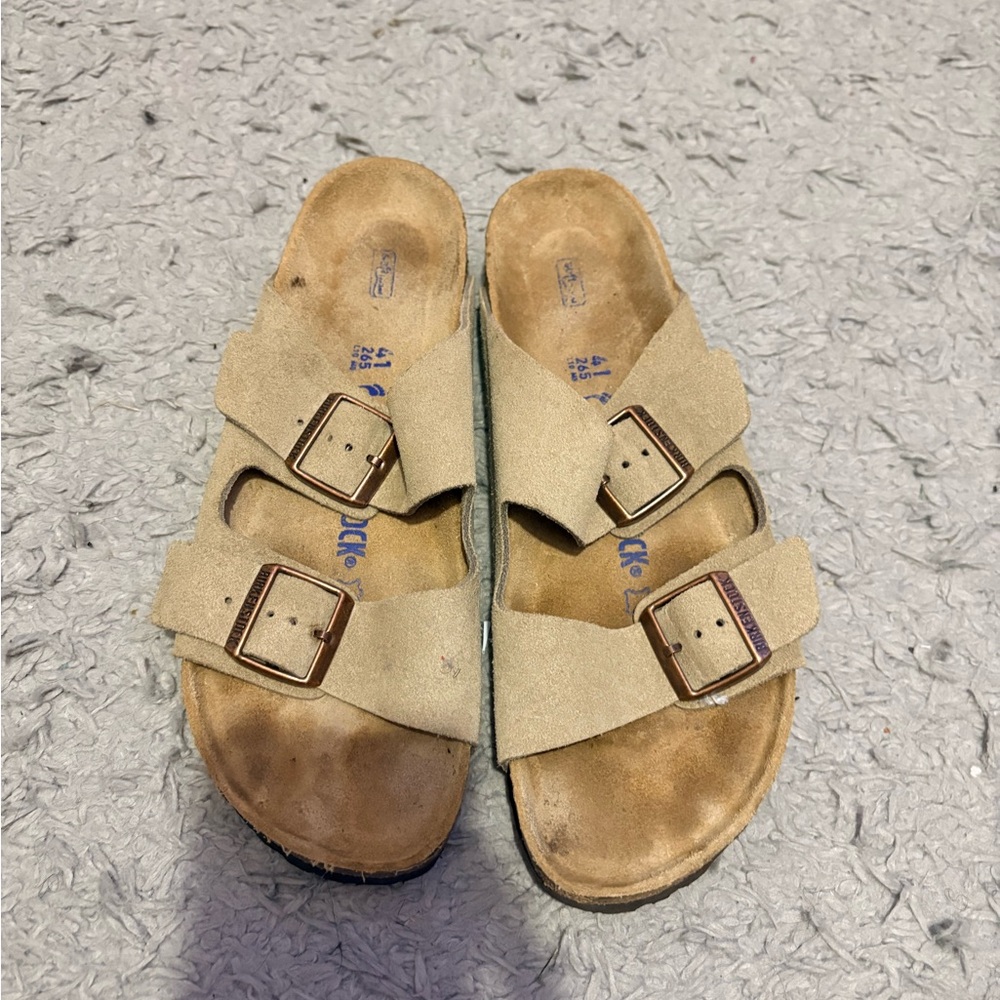 Birkenstock Beige Suede Two-Buckle Slide Sandals